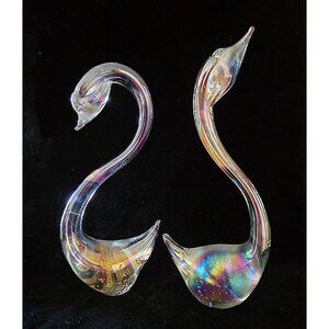 Vintage Large Iridescent Art Glass Swan Figurines Pair  large at 9.5"and 8.5"